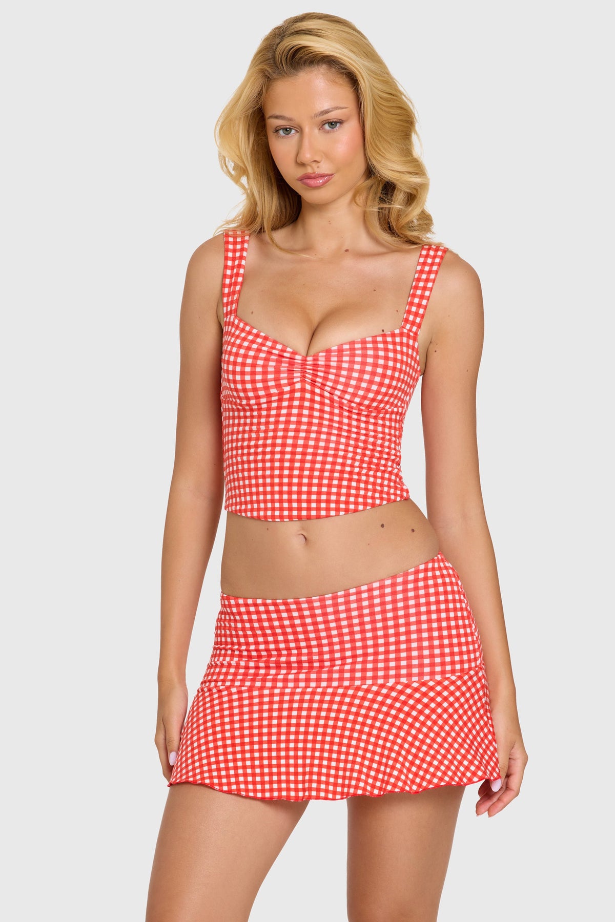 Chic Modal Ruched Bust Top in Red Gingham
