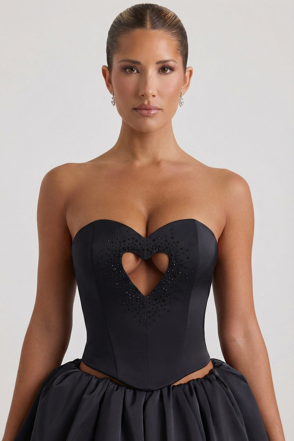 Chic Embellished Heart Cut-Out Strapless Corset Top in Black