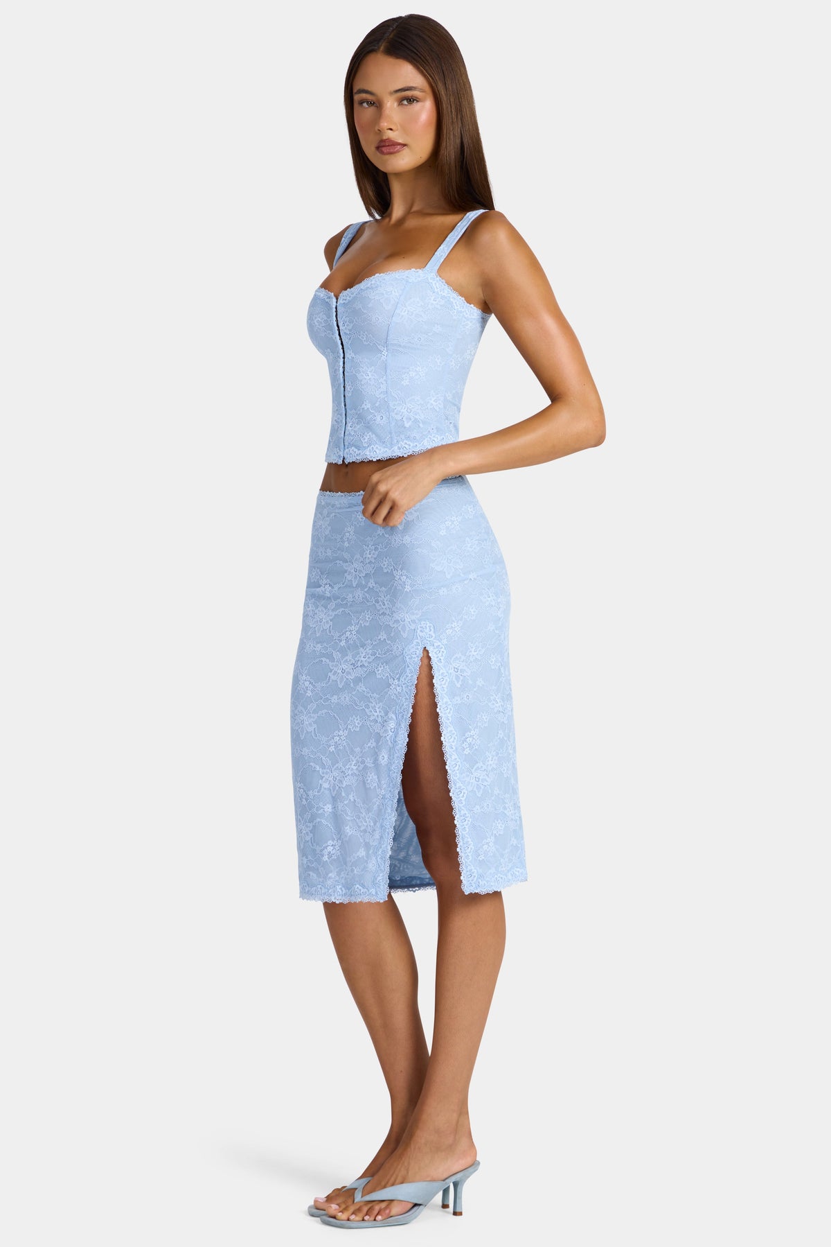 Chic Lace Low-Rise Midi Skirt in Arctic Blue
