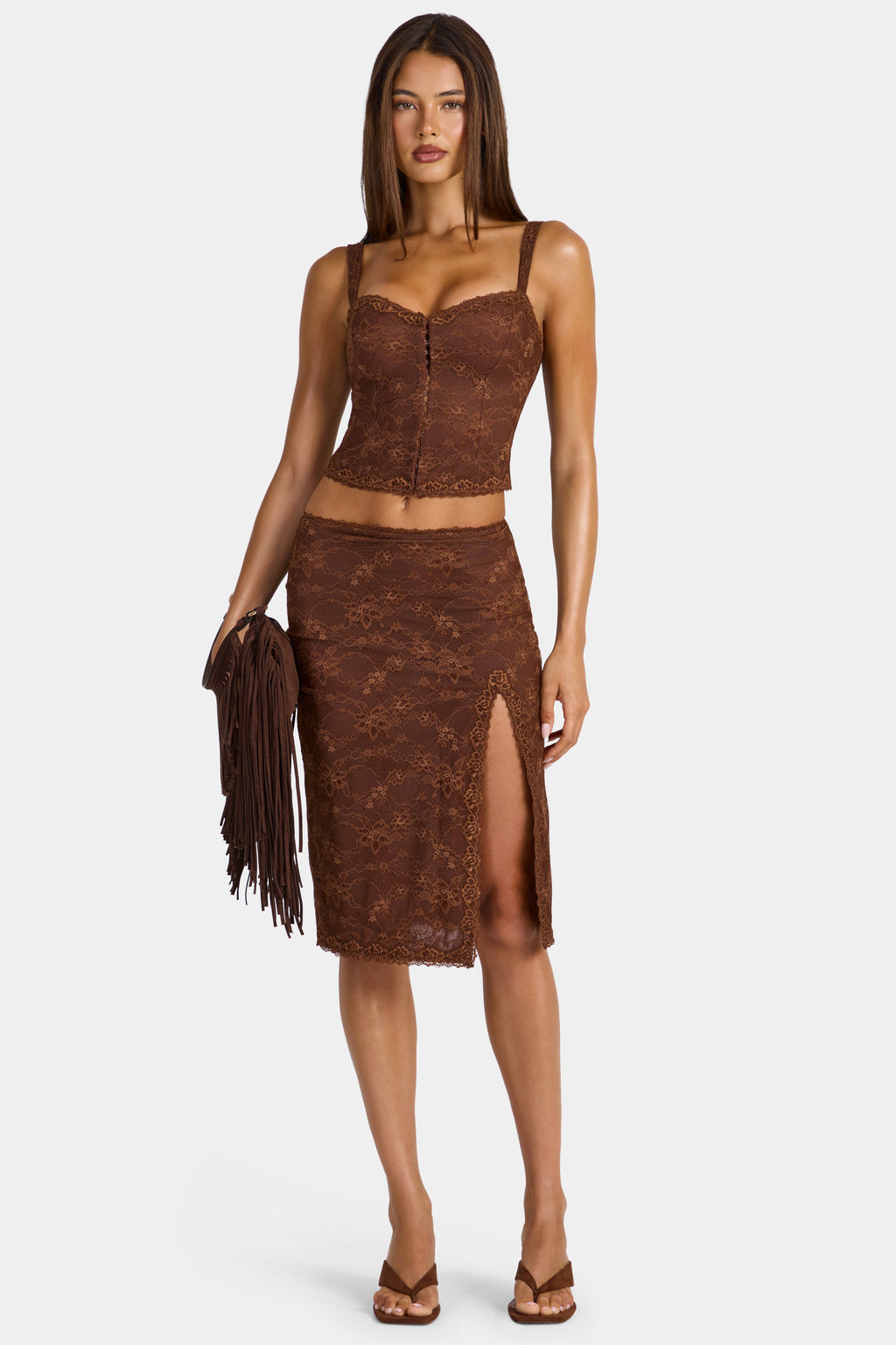 Chic Lace Low-Rise Midi Skirt in Cocoa Brown