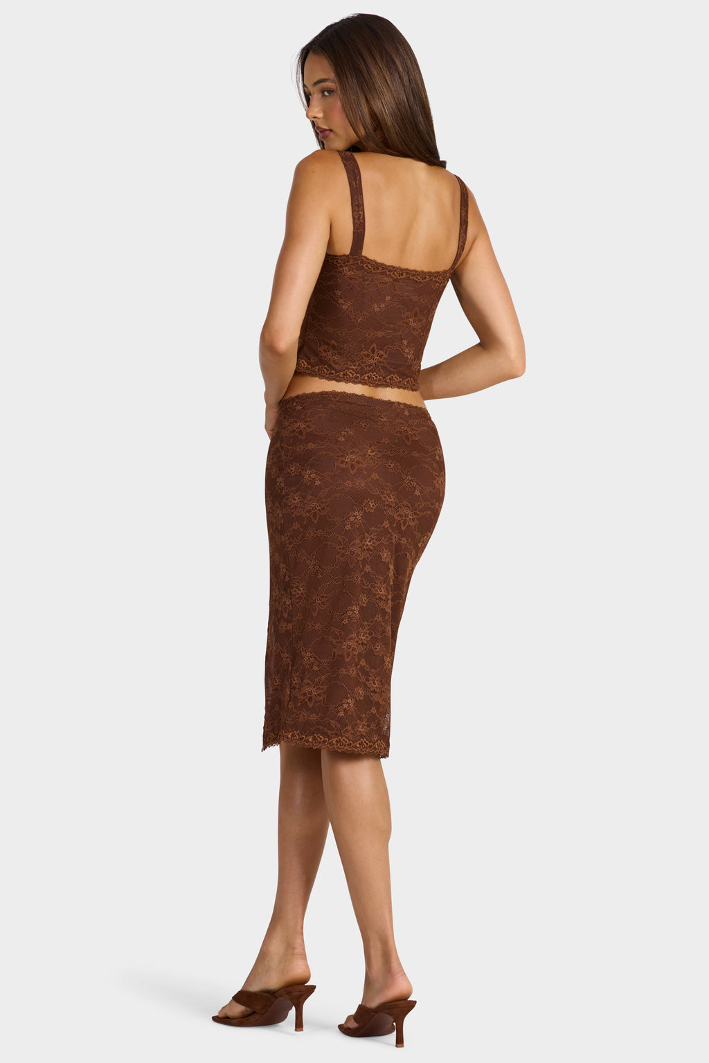 Chic Lace Low-Rise Midi Skirt in Cocoa Brown