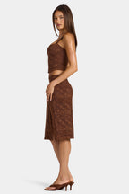 Chic Lace Low-Rise Midi Skirt in Cocoa Brown