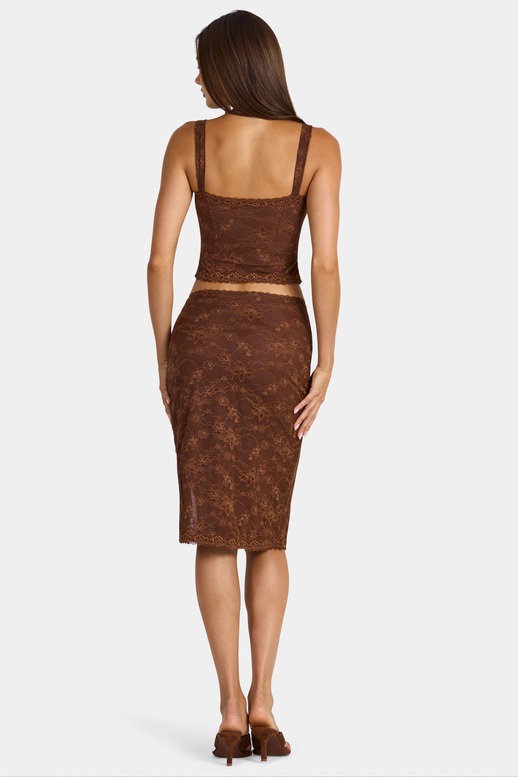 Chic Lace Low-Rise Midi Skirt in Cocoa Brown