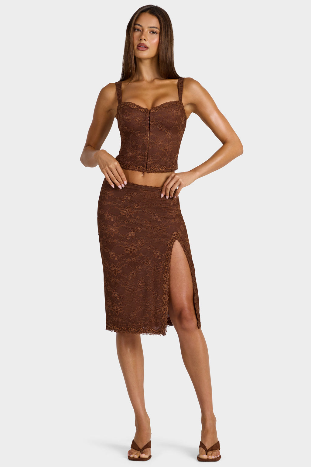 Chic Lace Low-Rise Midi Skirt in Cocoa Brown