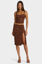 Chic Lace Low-Rise Midi Skirt in Cocoa Brown