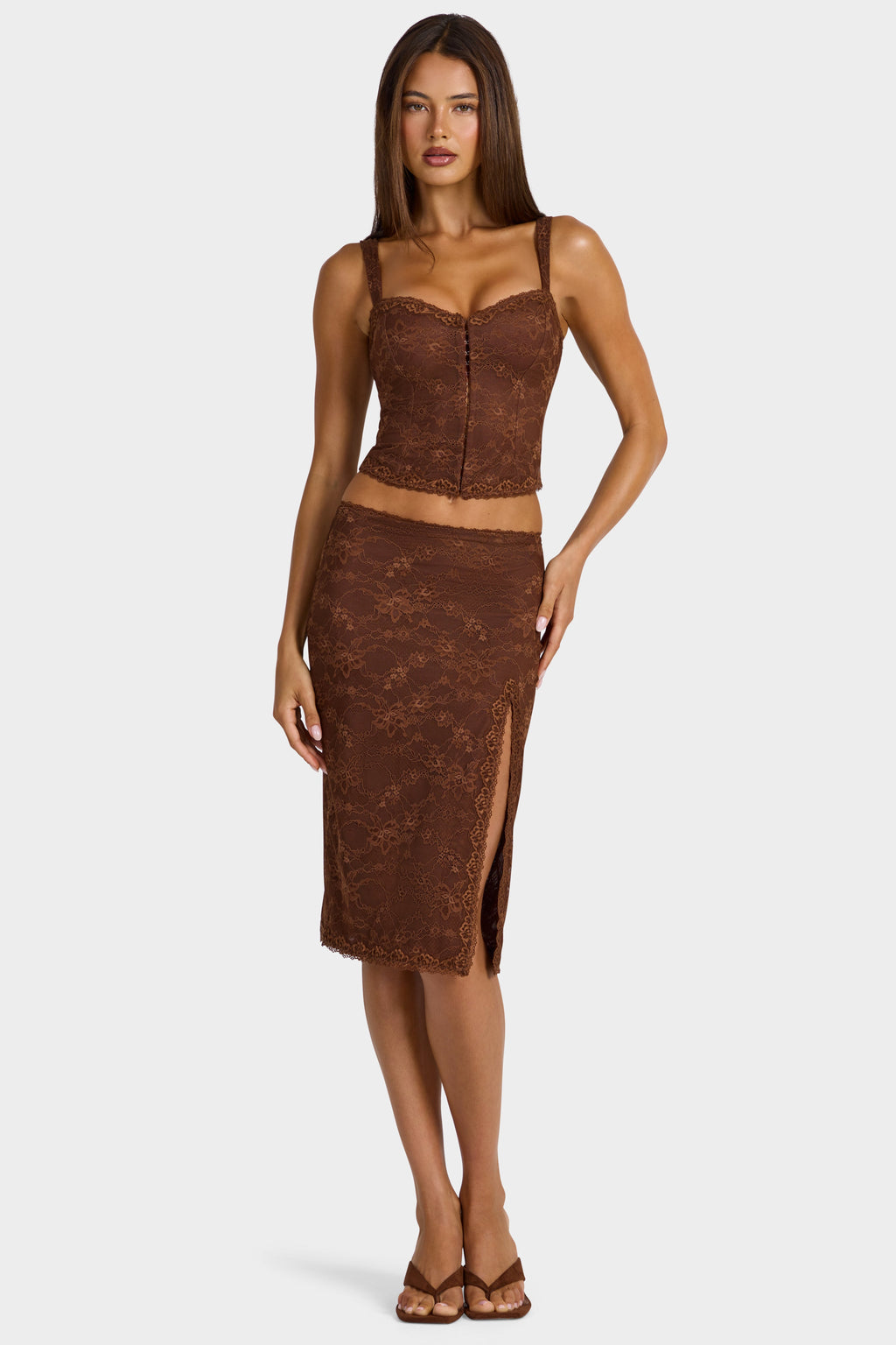 Chic Lace Low-Rise Midi Skirt in Cocoa Brown