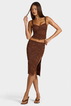 Chic Lace Low-Rise Midi Skirt in Cocoa Brown