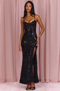 Chic Embellished Lace-Trim Maxi Dress in Black