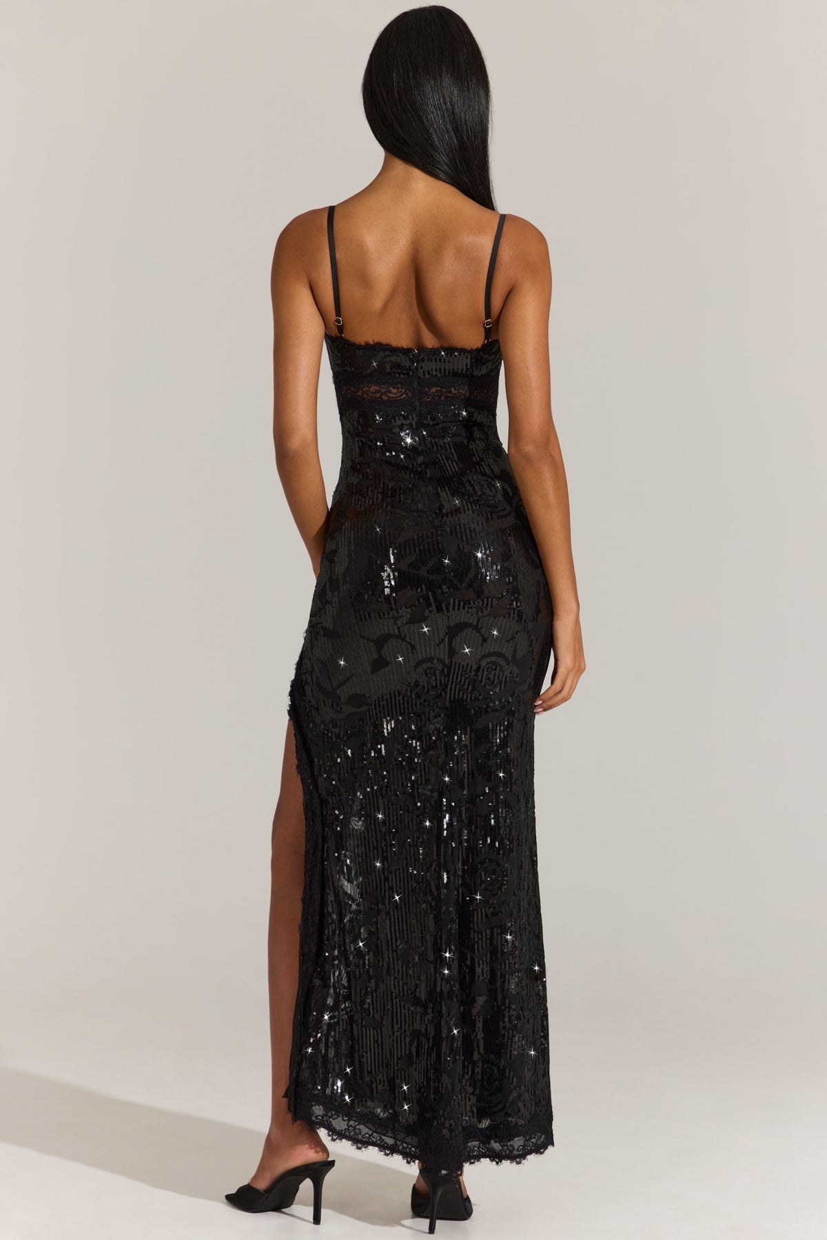 Chic Embellished Lace-Trim Maxi Dress in Black