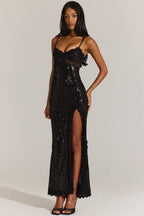 Chic Embellished Lace-Trim Maxi Dress in Black