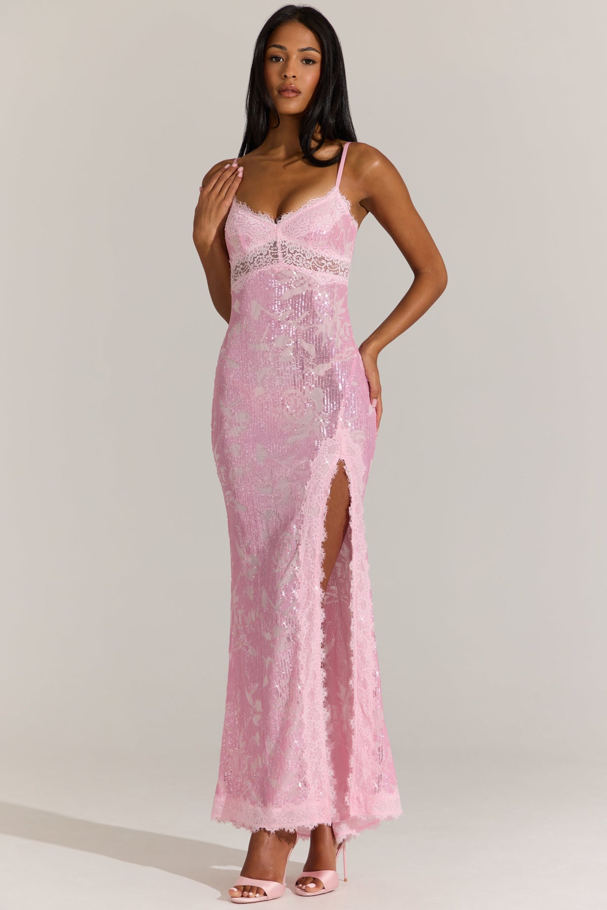 Chic Embellished Lace-Trim Maxi Dress in Blossom Pink