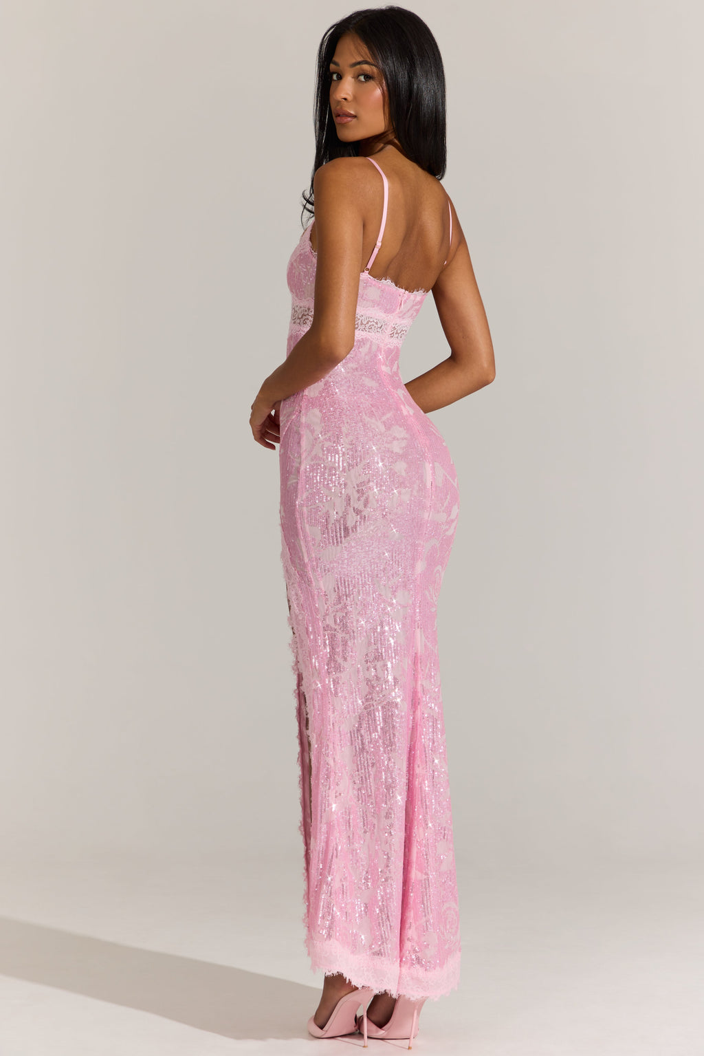 Chic Embellished Lace-Trim Maxi Dress in Blossom Pink