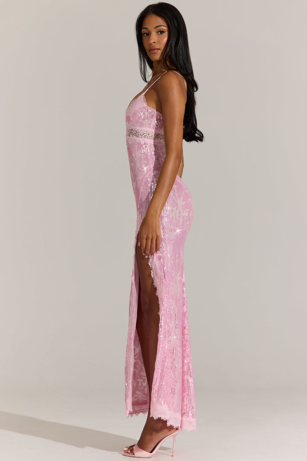 Chic Embellished Lace-Trim Maxi Dress in Blossom Pink
