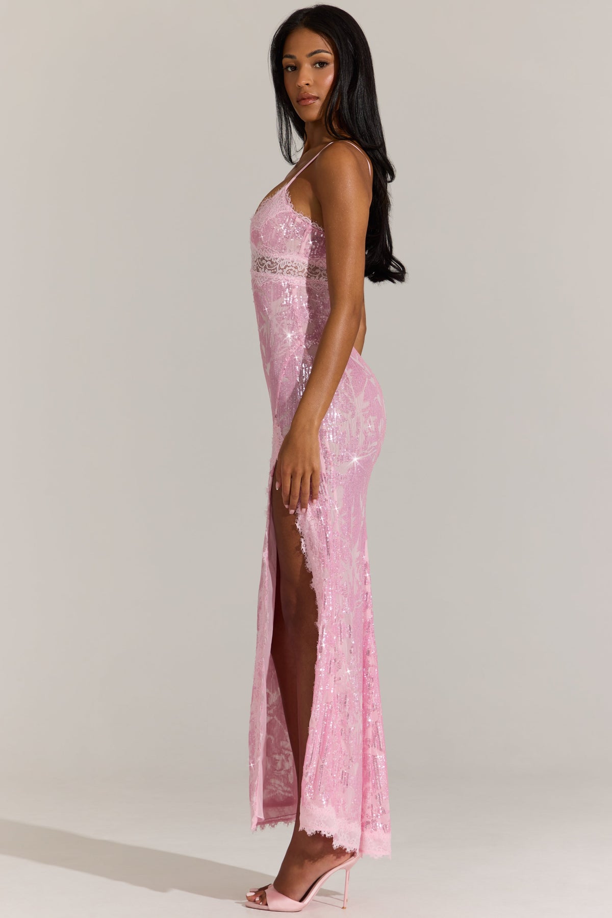 Chic Embellished Lace-Trim Maxi Dress in Blossom Pink