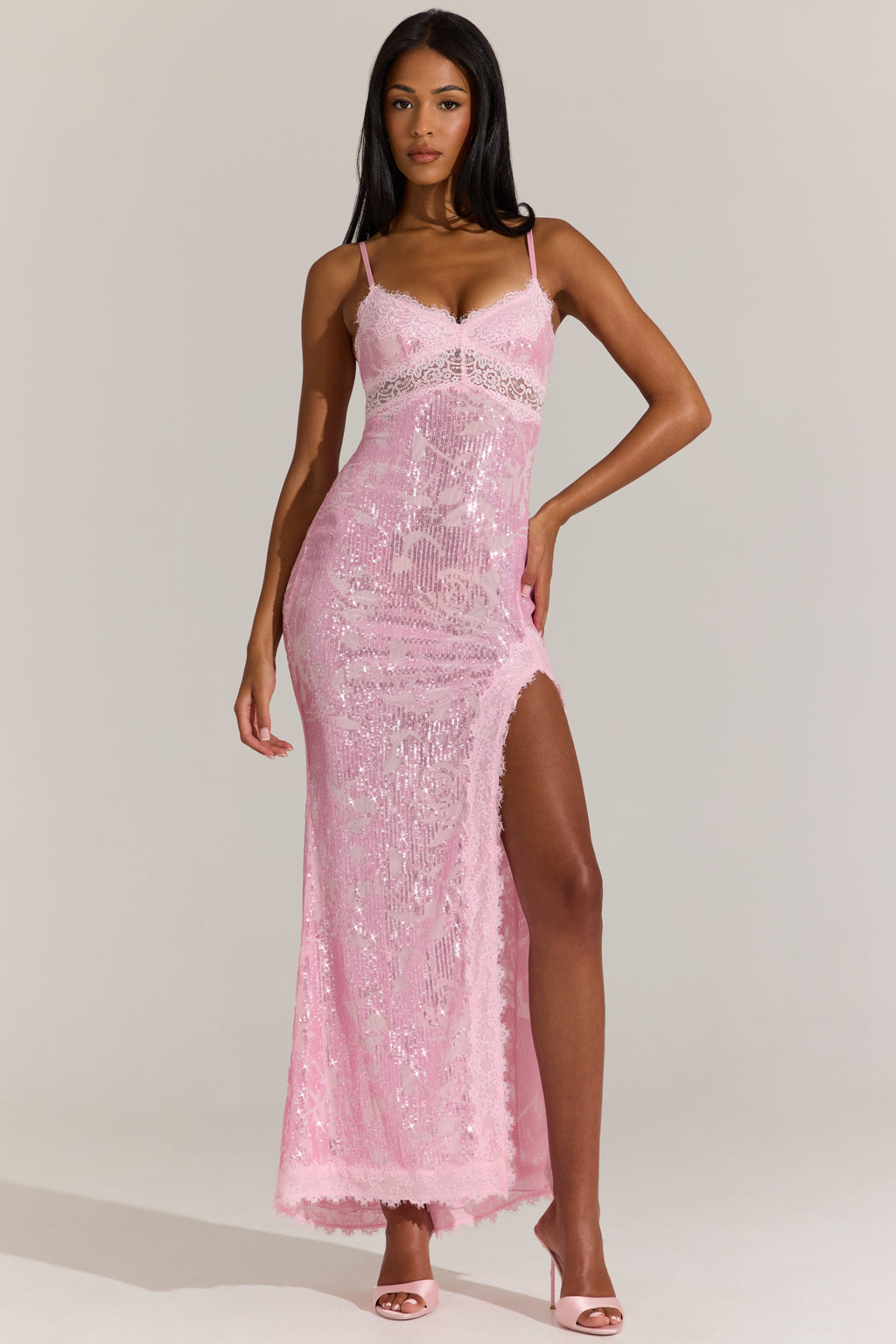 Chic Embellished Lace-Trim Maxi Dress in Blossom Pink