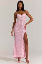 Chic Embellished Lace-Trim Maxi Dress in Blossom Pink