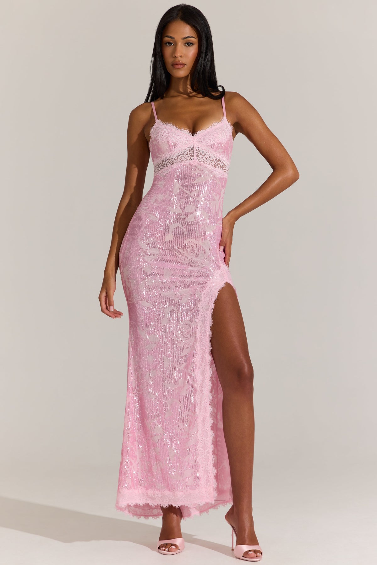 Chic Embellished Lace-Trim Maxi Dress in Blossom Pink