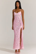 Chic Embellished Lace-Trim Maxi Dress in Blossom Pink