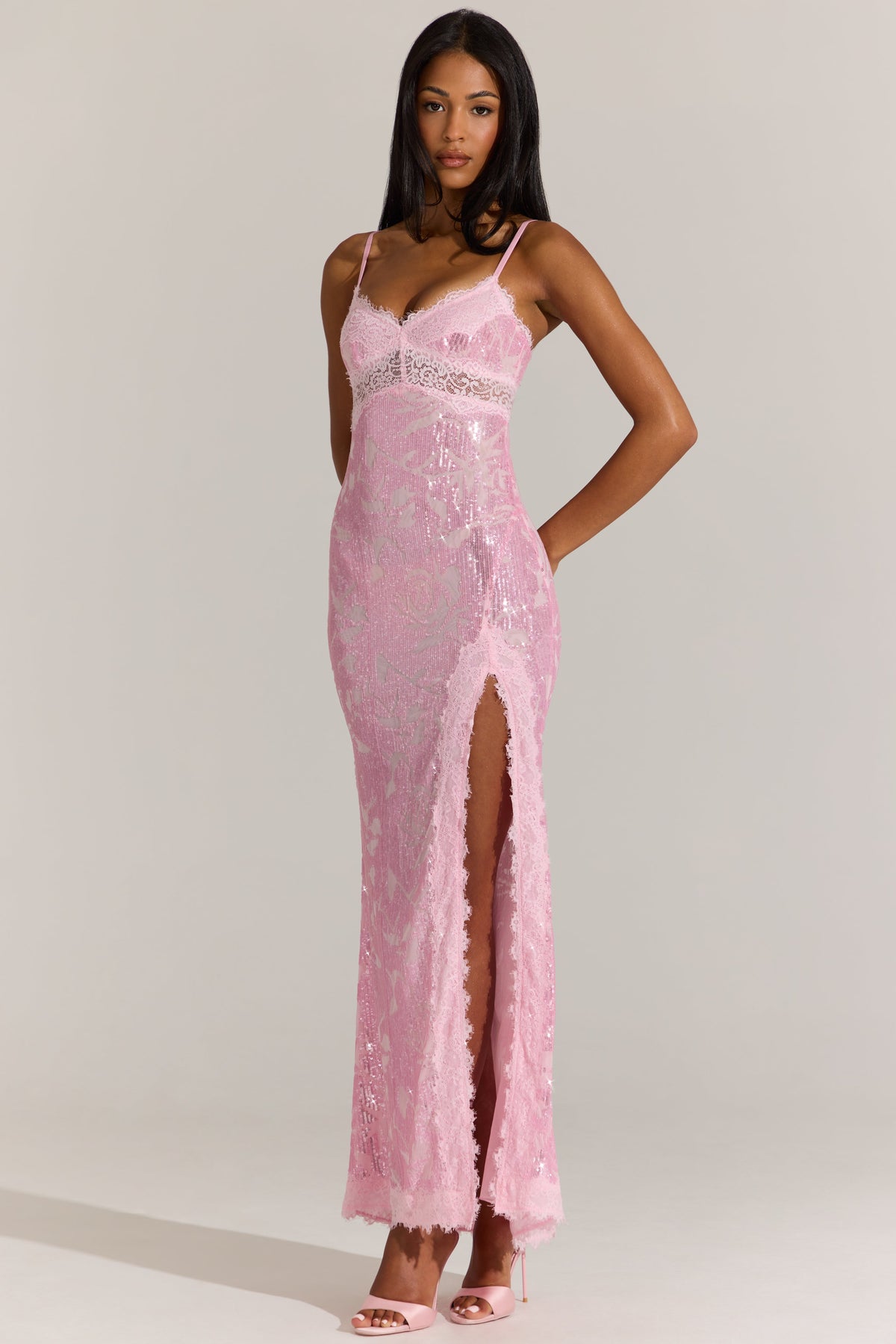 Chic Embellished Lace-Trim Maxi Dress in Blossom Pink