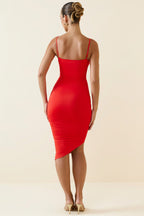 Chic Asymmetric Ruched Midi Dress in Scarlet