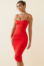 Chic Asymmetric Ruched Midi Dress in Scarlet