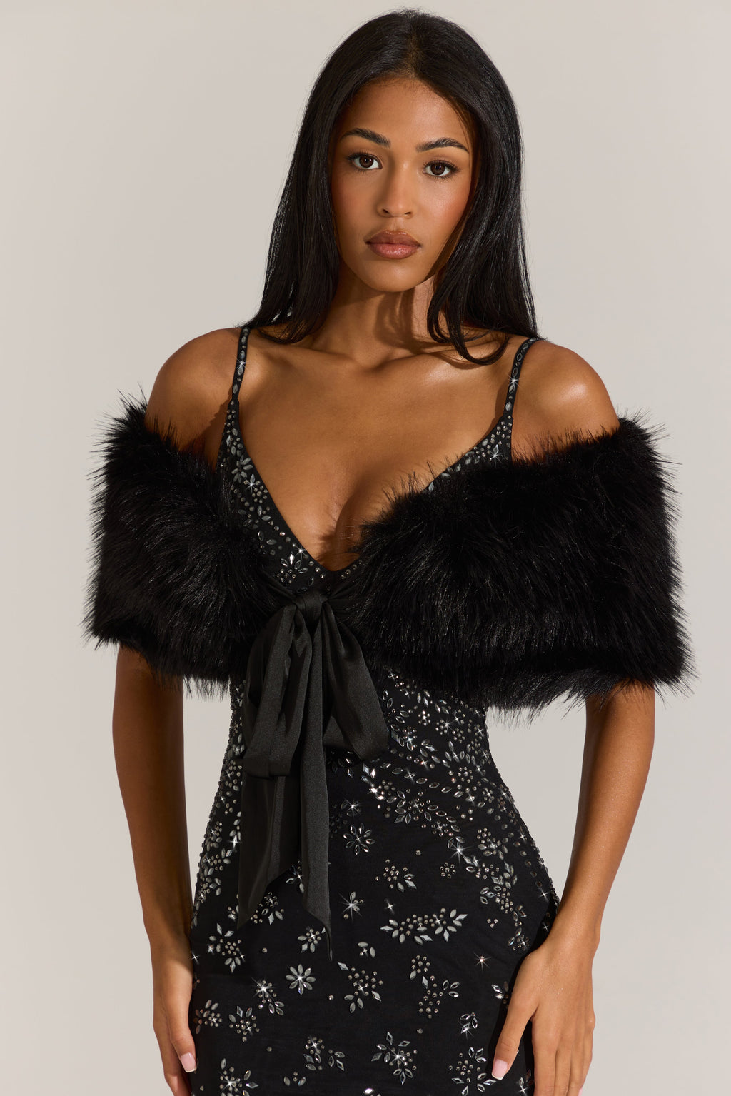 Chic Fur Ribbon-Tie Stole in Black