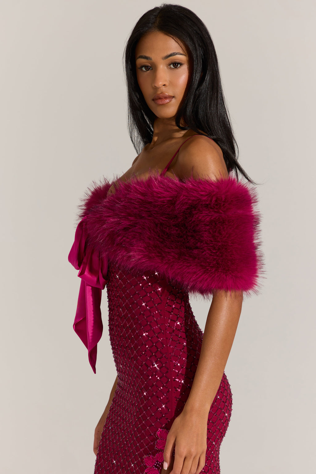 Chic Fur Ribbon-Tie Stole in Fuchsia Pink