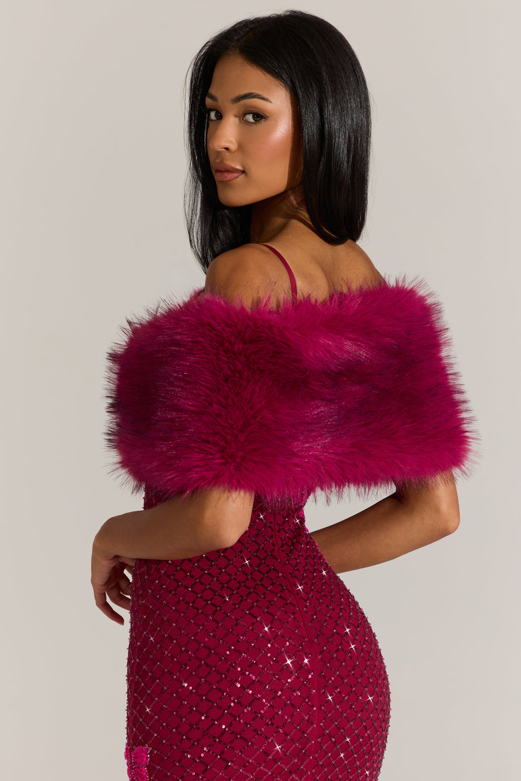 Chic Fur Ribbon-Tie Stole in Fuchsia Pink