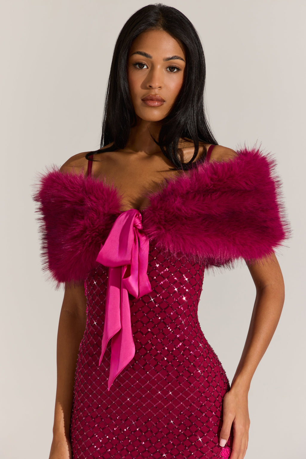 Chic Fur Ribbon-Tie Stole in Fuchsia Pink