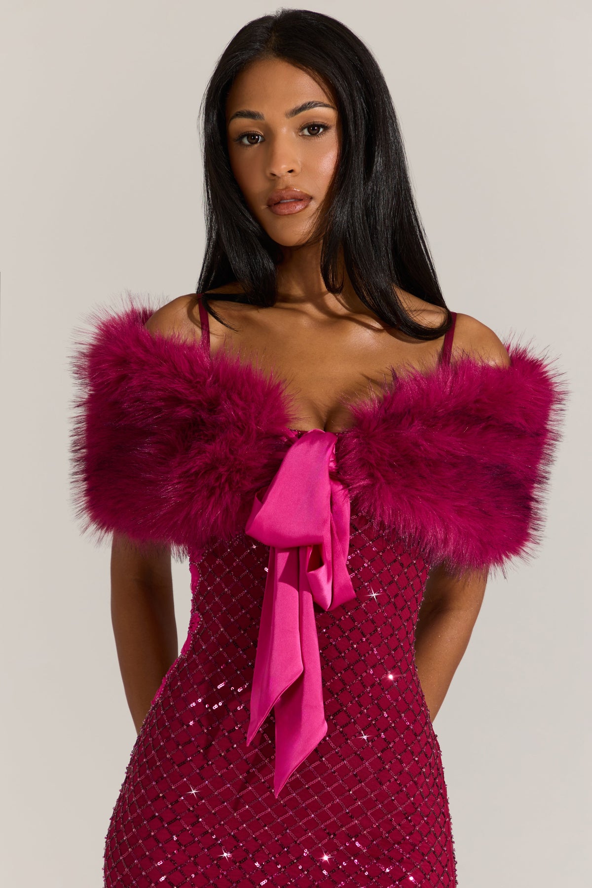 Chic Fur Ribbon-Tie Stole in Fuchsia Pink
