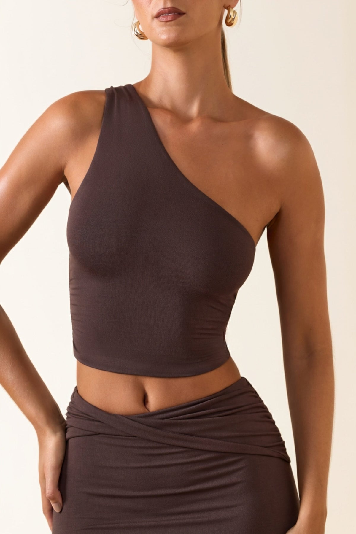 Chic Modal One-Shoulder Top in Chocolate Brown