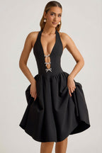 Chic Halterneck Bow-Detail Midi Dress in Black