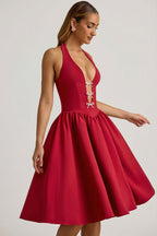 Chic Halterneck Bow-Detail Midi Dress in True Red