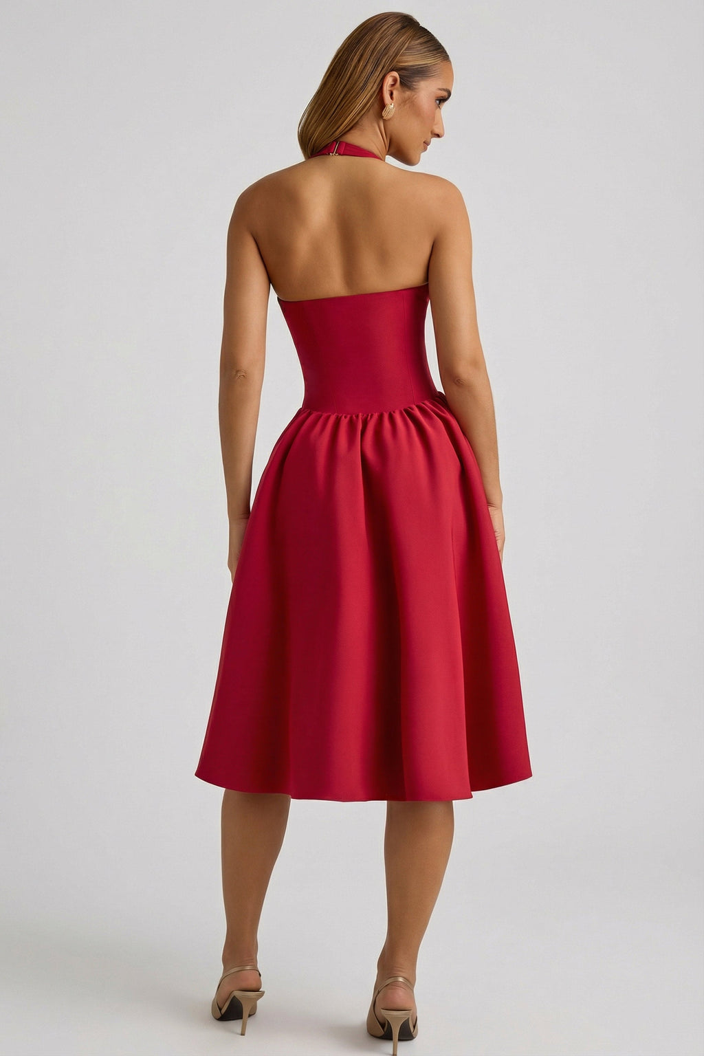Chic Halterneck Bow-Detail Midi Dress in True Red