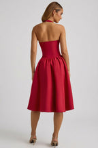 Chic Halterneck Bow-Detail Midi Dress in True Red
