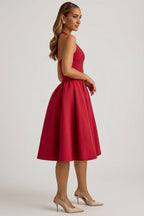 Chic Halterneck Bow-Detail Midi Dress in True Red