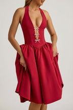 Chic Halterneck Bow-Detail Midi Dress in True Red