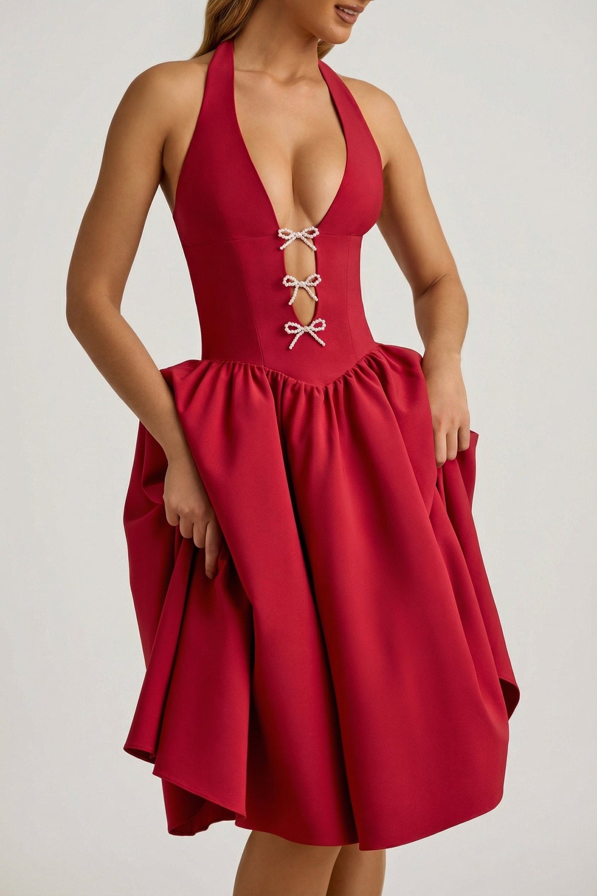Chic Halterneck Bow-Detail Midi Dress in True Red