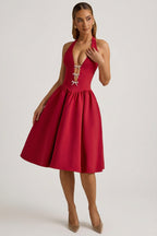 Chic Halterneck Bow-Detail Midi Dress in True Red