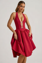 Chic Halterneck Bow-Detail Midi Dress in True Red