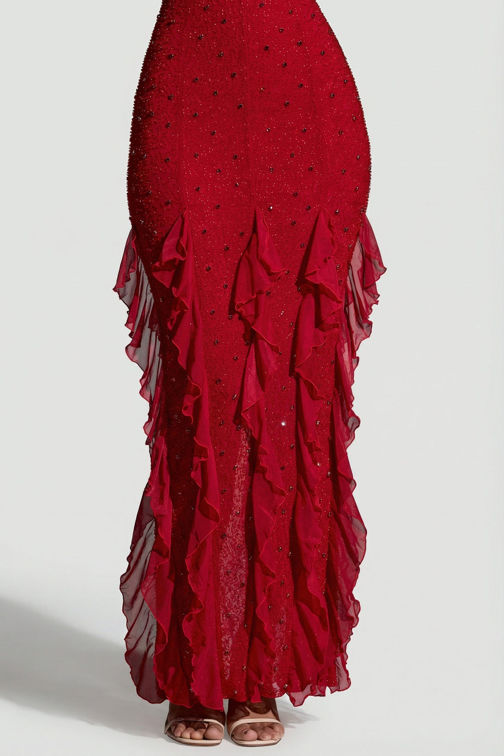 Chic Embellished Halter Neck Ruffle Maxi Dress in Red