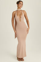 Chic Scarf-Detail Cut-Out Halterneck Maxi Dress in Warm Peach