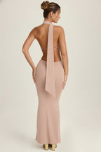 Chic Scarf-Detail Cut-Out Halterneck Maxi Dress in Warm Peach