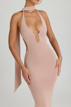 Chic Scarf-Detail Cut-Out Halterneck Maxi Dress in Warm Peach