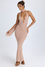 Chic Scarf-Detail Cut-Out Halterneck Maxi Dress in Warm Peach