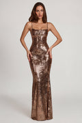 Chic Embellished Straight-Neck Maxi Dress in Copper Gold