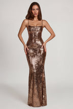 Chic Embellished Straight-Neck Maxi Dress in Copper Gold