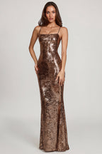 Chic Embellished Straight-Neck Maxi Dress in Copper Gold