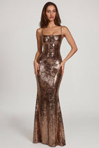Chic Embellished Straight-Neck Maxi Dress in Copper Gold