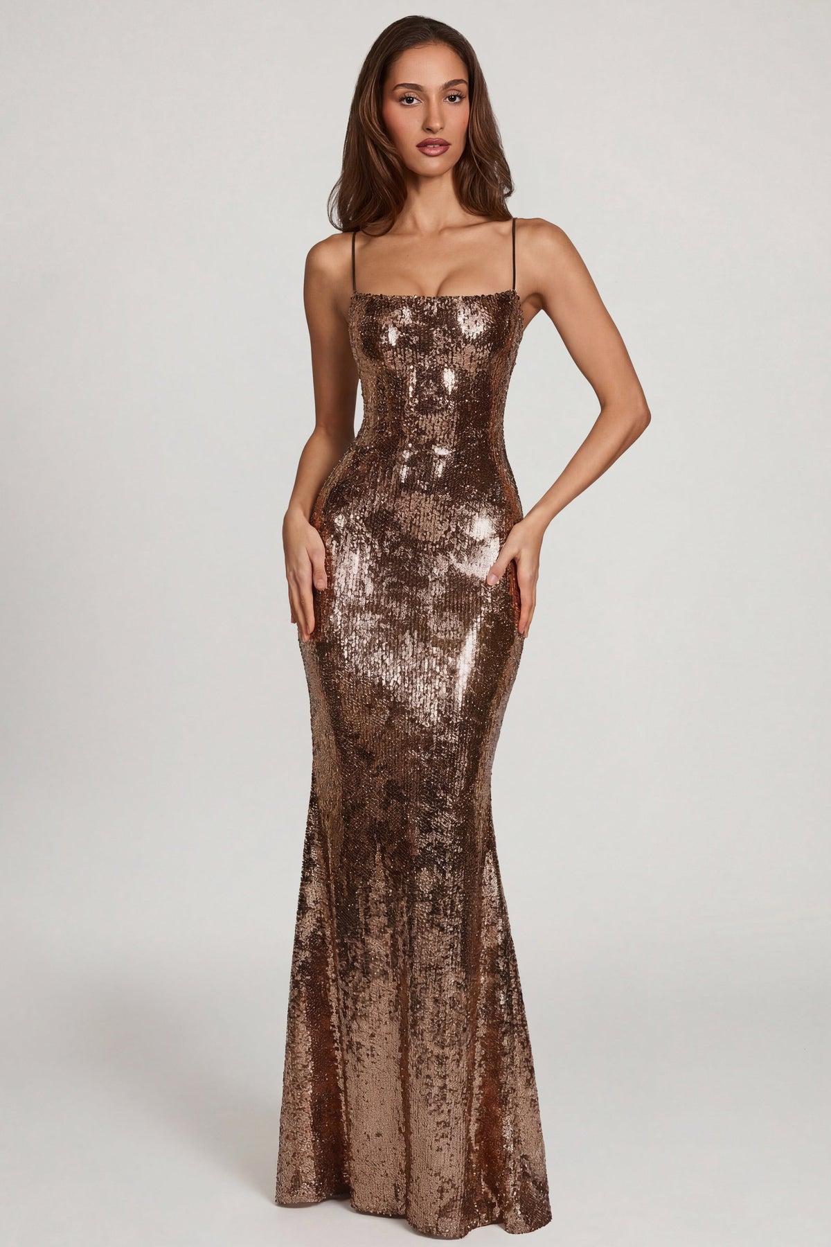Chic Embellished Straight-Neck Maxi Dress in Copper Gold
